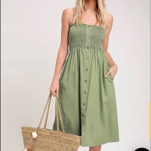 Made To Love Sage Green Smocked Button-Front Midi